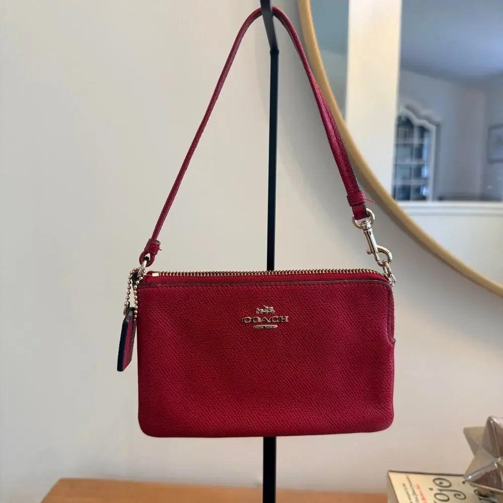 Coach Corner Zip Wristlet Red Pebbled Leather Gold Hardware Small Wallet